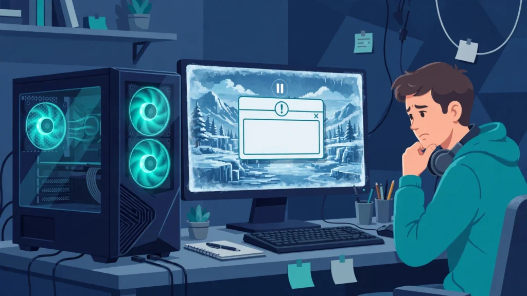 Illustration of a gamer looking at a frozen game on a monitor with an error message, next to a gaming PC