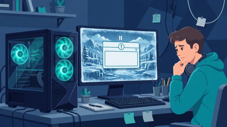 Illustration of a gamer looking at a frozen game on a monitor with an error message, next to a gaming PC