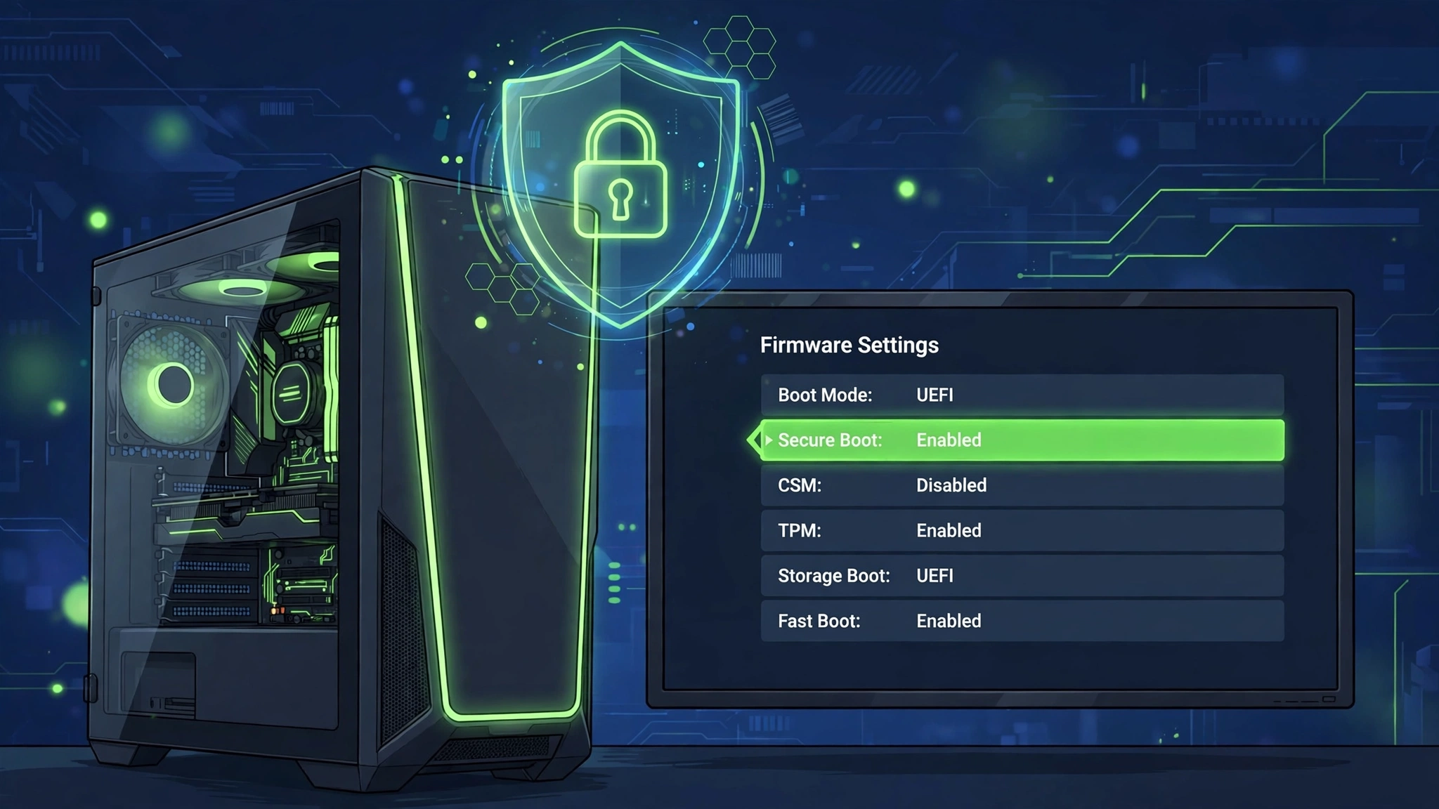 Illustration of a gaming PC next to a firmware settings screen showing Secure Boot enabled, with a shield and padlock icon above.