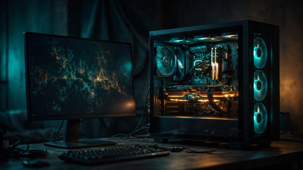 Gaming PC with a graphics card and a monitor showing a dark flickering display
