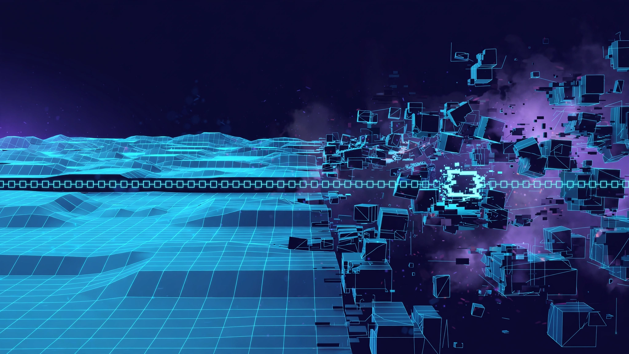 Illustration of a wireframe game landscape breaking into glitching fragments, visualizing shader compilation stutter